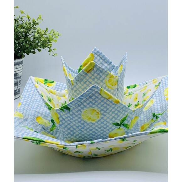 Microwave Bowl Cozy Reversible, Lemons On Blue Gingham, 3 Piece Set - Picture 2 of 9